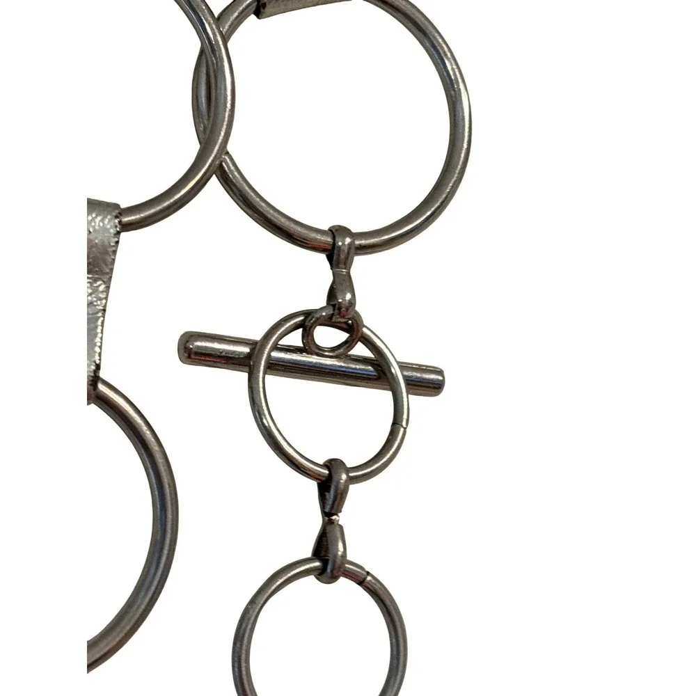 Silver Metal O-Ring Chain Belt Toggle Closure Y2K Punk Faux‎ Leather Detail 42in